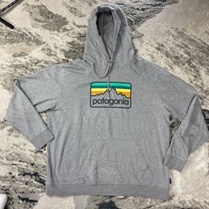 Patagonia Worn Wear Hoodie Men 2XL Heather Gray Cotton Drawstring Waist Pullover